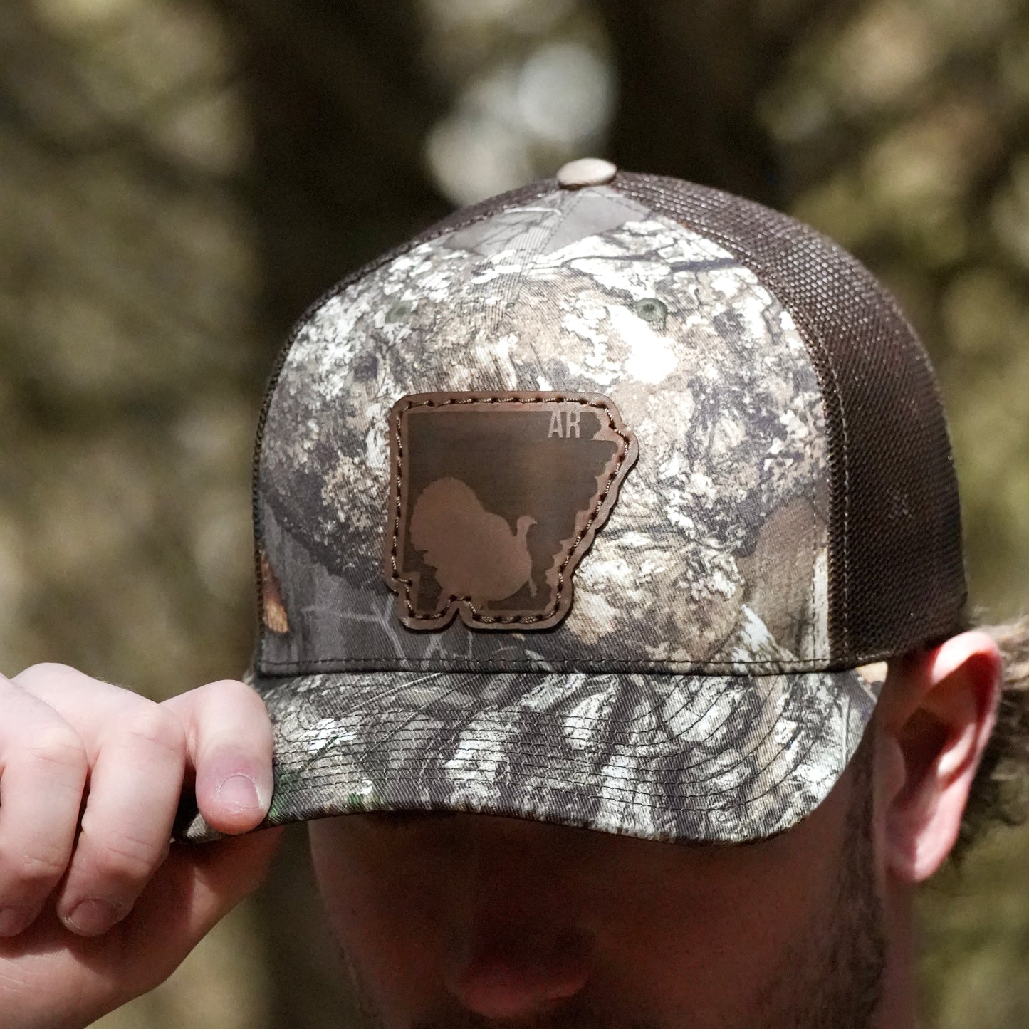 Arkansas Turkey Hunting Leather Patch Trucker Hat