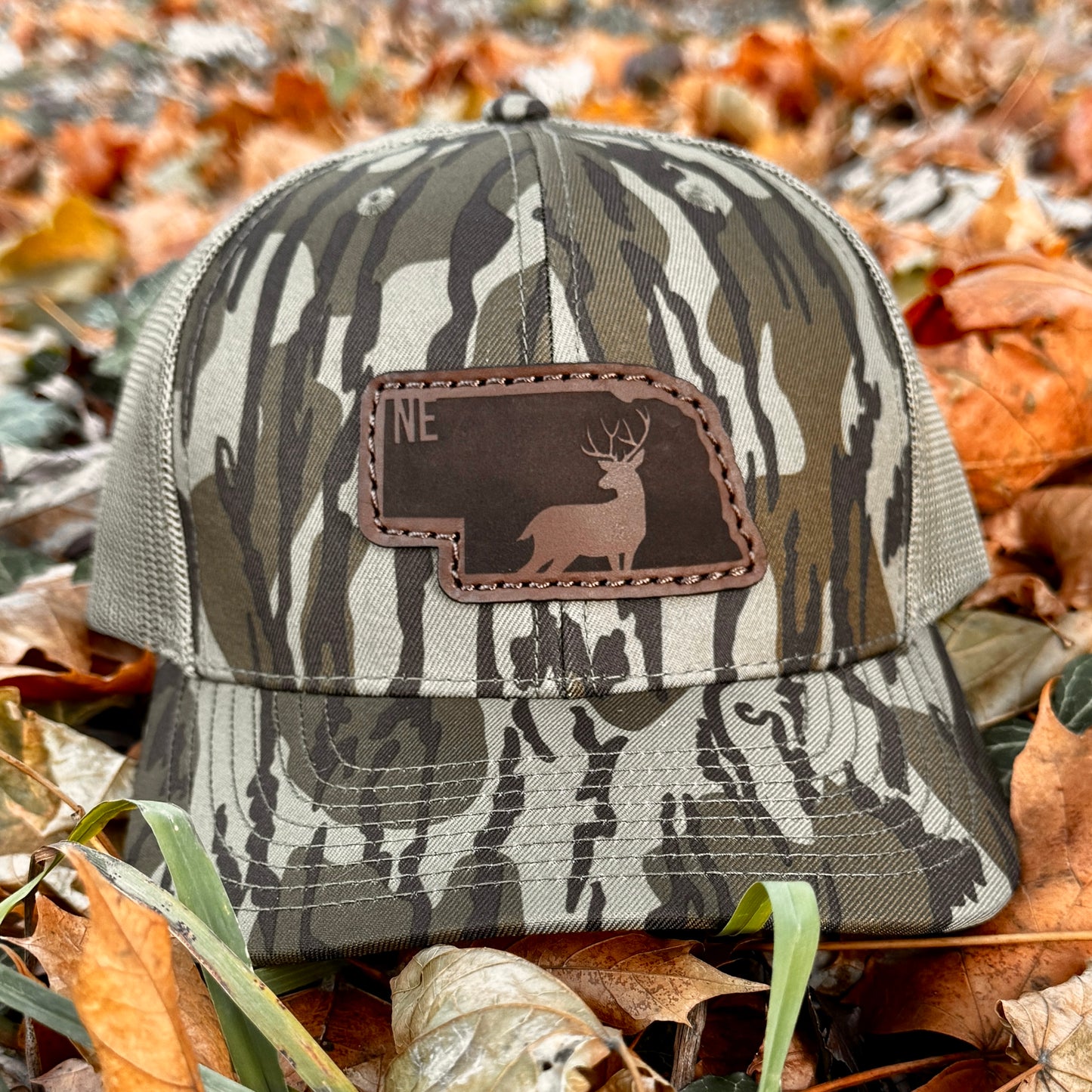 Nebraska Buck Hunting Leather Patch Trucker Hat