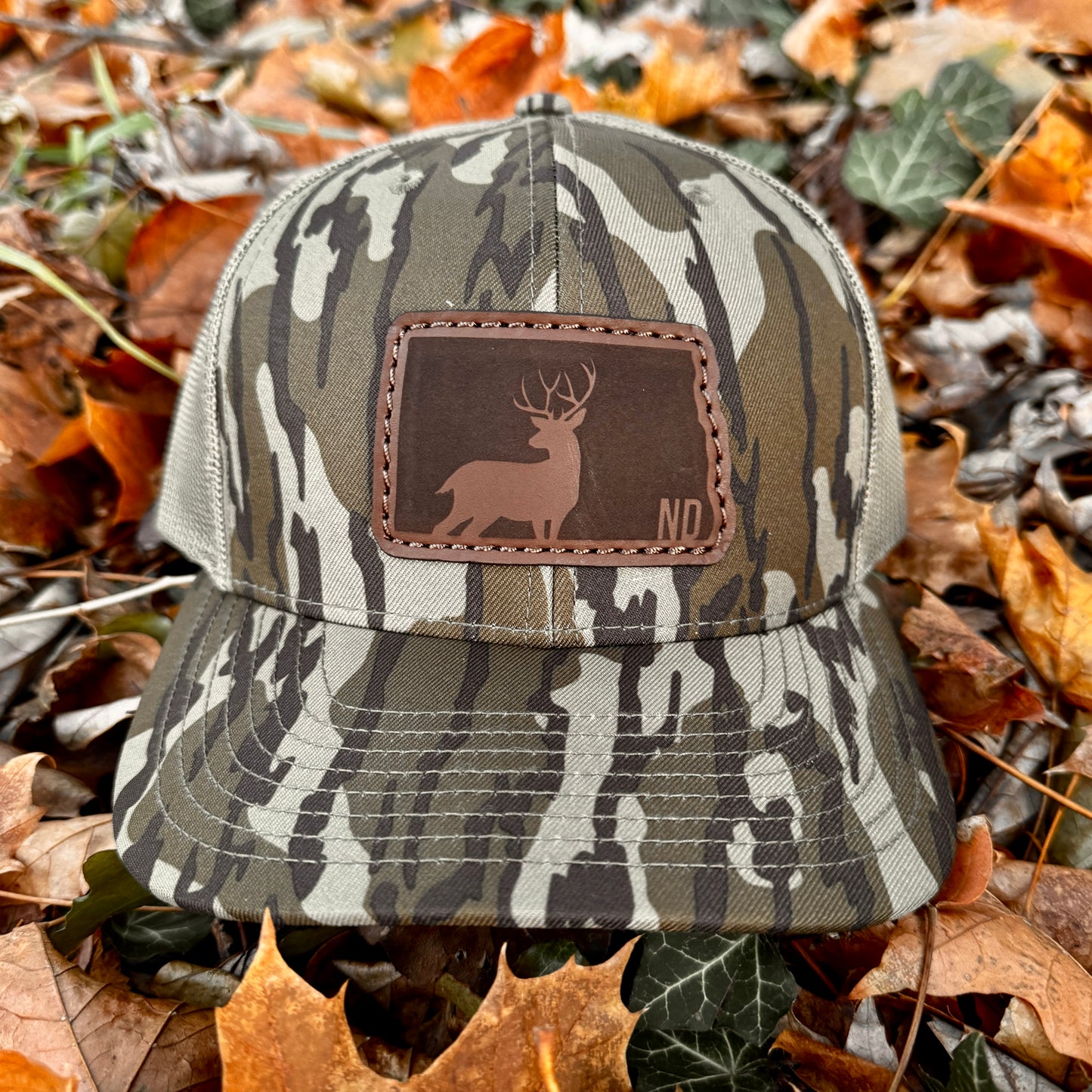 North Dakota Buck Hunting Leather Patch Trucker Hat