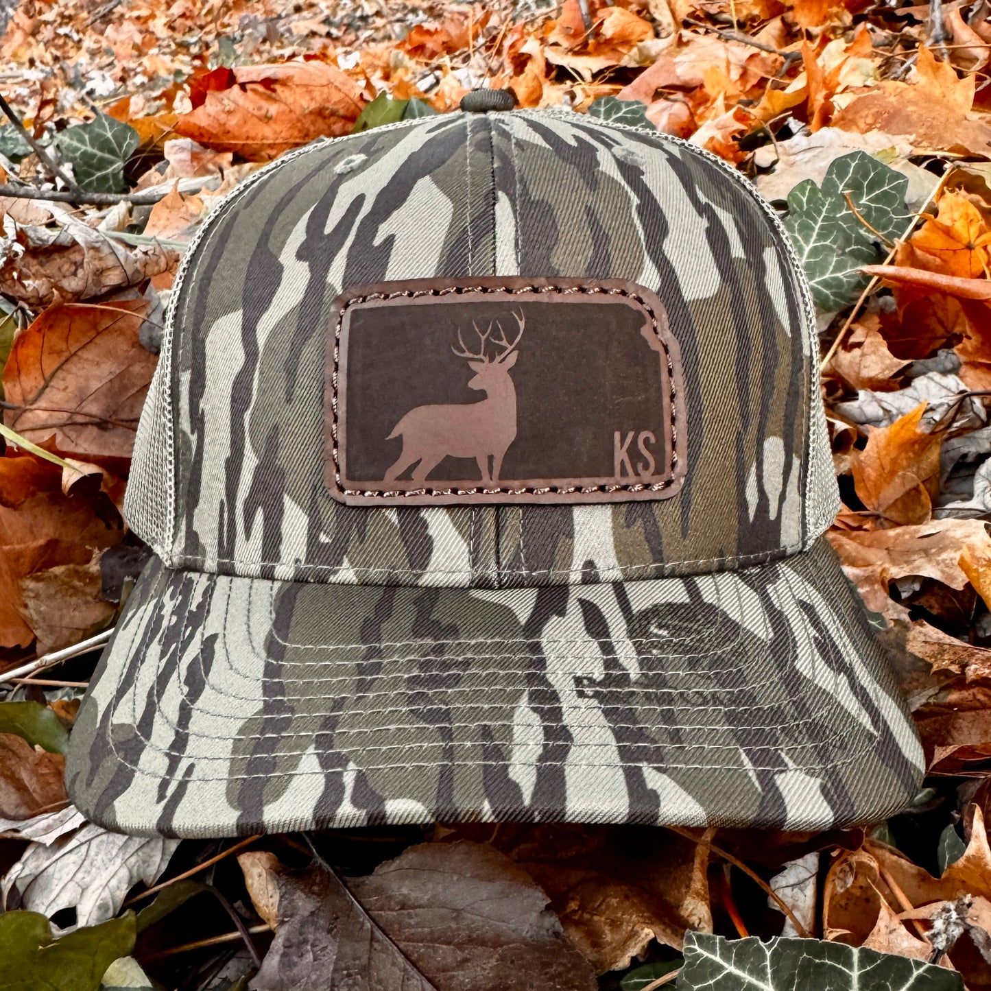 Kansas Buck Hunting Leather Patch Trucker Hat