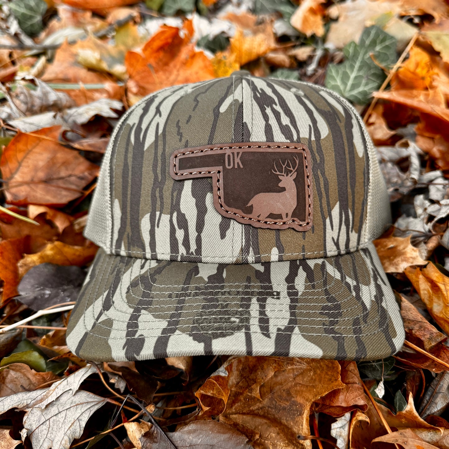 Oklahoma Buck Hunting Leather Patch Trucker Hat